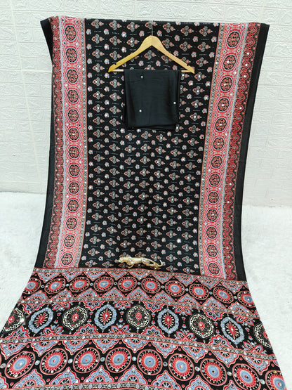 Premium Japan Satin Silk Mirror Work Saree | Black & Off White Party Wear Saree