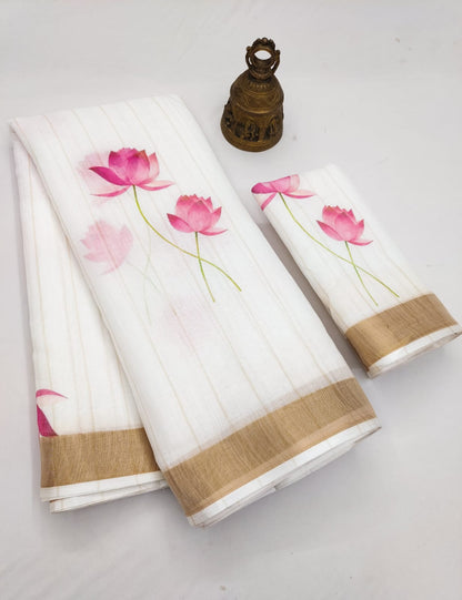 Onam Special Linen Saree with Gold Jari Border & Digital Print | Traditional Kerala Style Saree