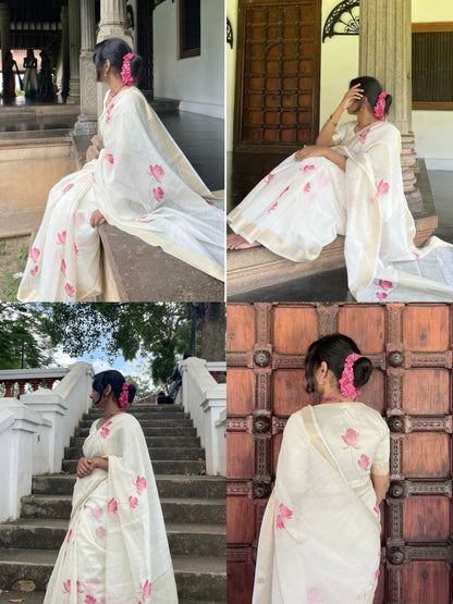 Linen Saree with Gold Jari Border & Digital Print | Elegant Traditional Wear Saree