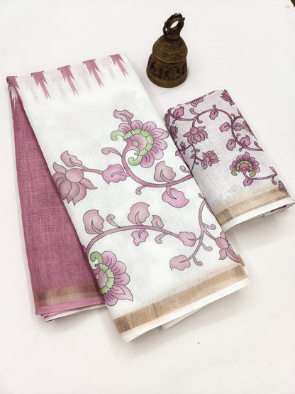 Linen Saree with Gold Jari Border & Digital Print | Elegant Festive & Office Wear Saree