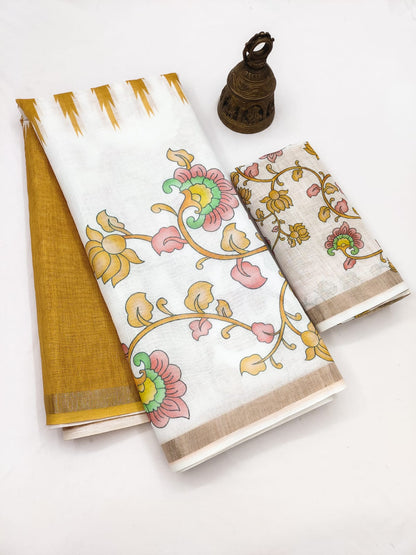 Linen Saree with Gold Jari Border & Digital Print | Elegant Festive & Office Wear Saree