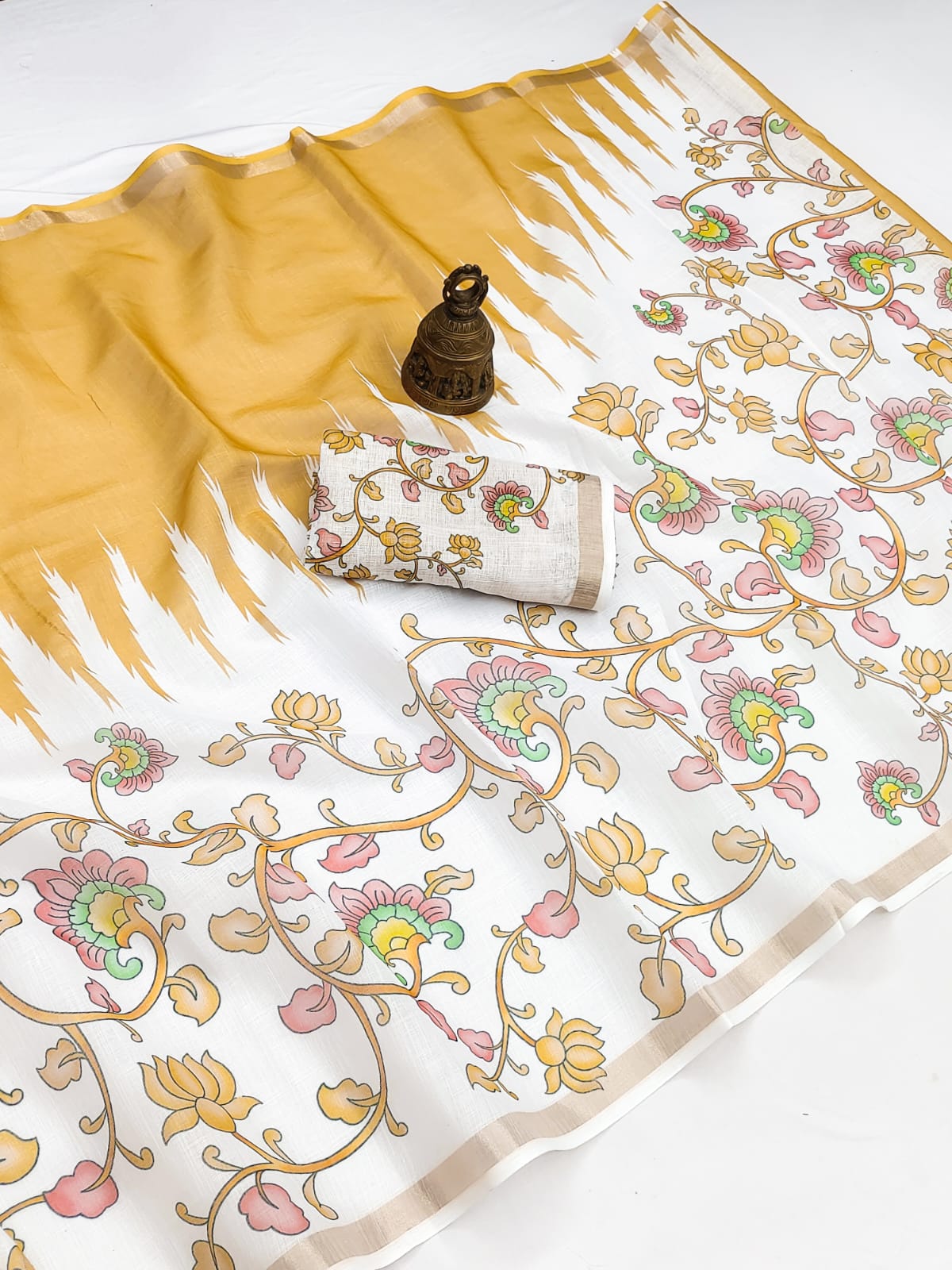 Linen Saree with Gold Jari Border & Digital Print | Elegant Festive & Office Wear Saree