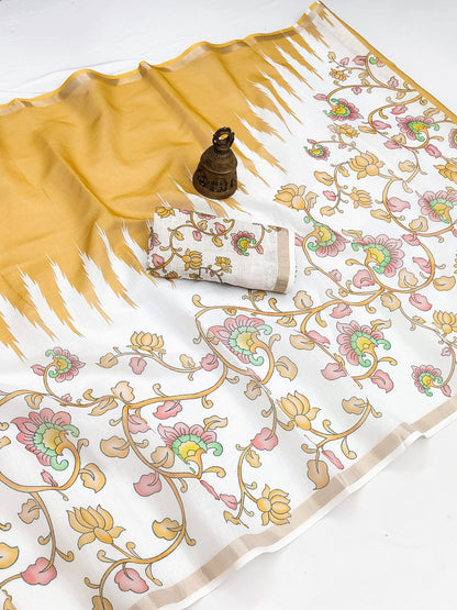 Linen Saree with Gold Jari Border & Digital Print | Elegant Festive & Office Wear Saree