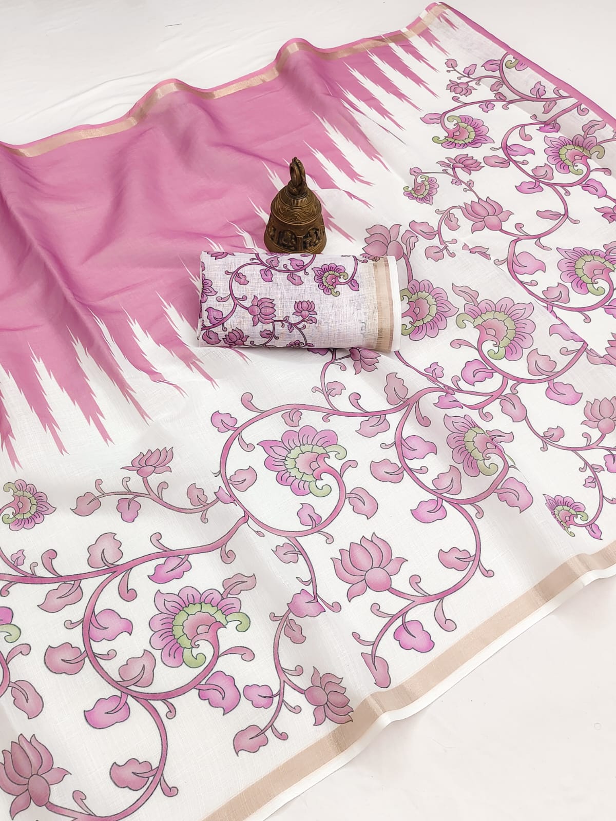 Linen Saree with Gold Jari Border & Digital Print | Elegant Festive & Office Wear Saree