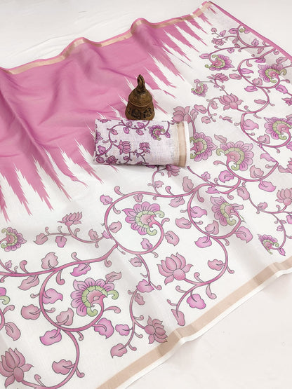 Linen Saree with Gold Jari Border & Digital Print | Elegant Festive & Office Wear Saree