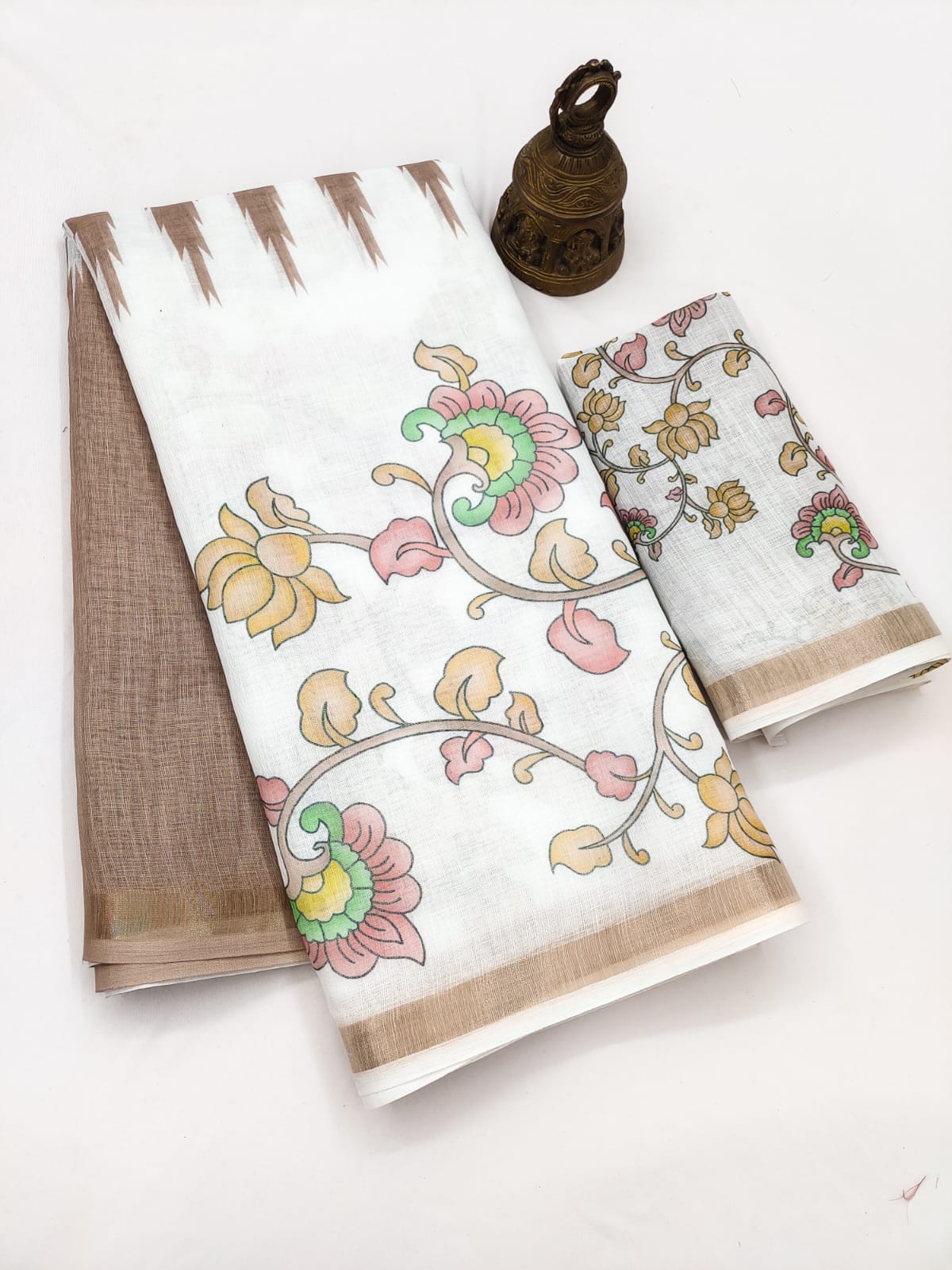 Linen Saree with Gold Jari Border & Digital Print | Elegant Festive & Office Wear Saree