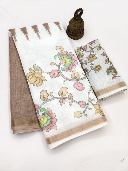 Linen Saree with Gold Jari Border & Digital Print | Elegant Festive & Office Wear Saree