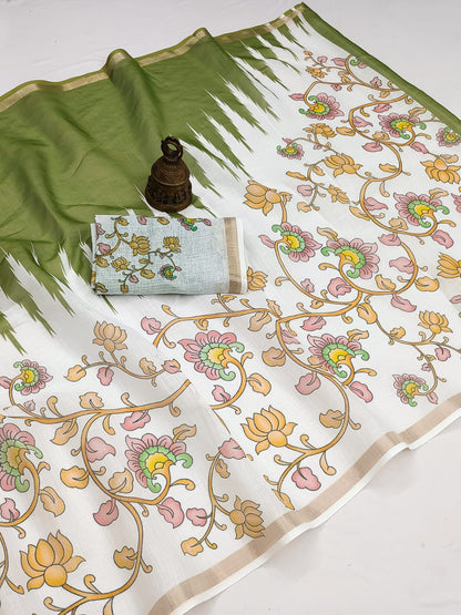 Linen Saree with Gold Jari Border & Digital Print | Elegant Festive & Office Wear Saree