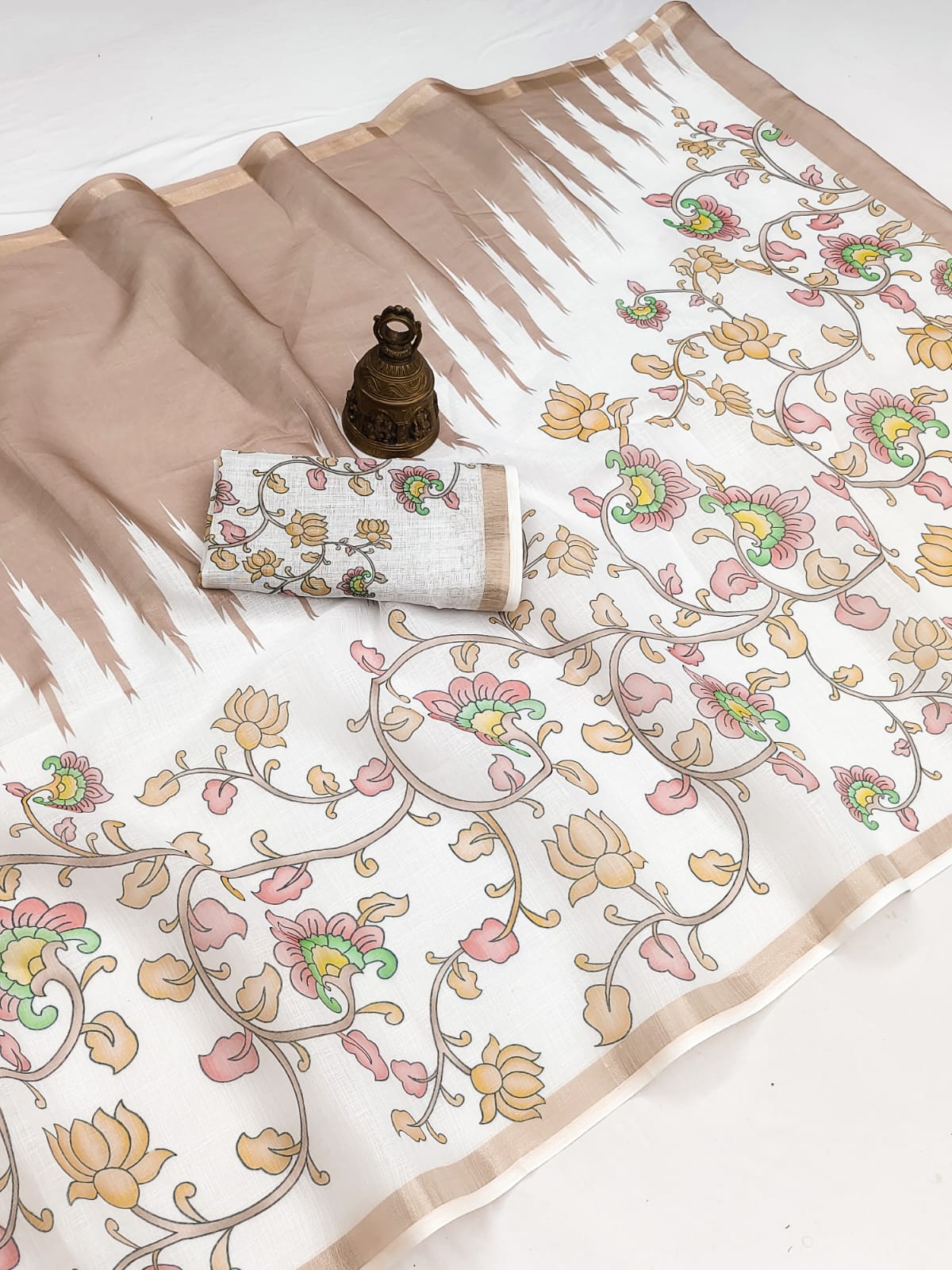Linen Saree with Gold Jari Border & Digital Print | Elegant Festive & Office Wear Saree