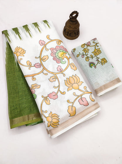 Linen Saree with Gold Jari Border & Digital Print | Elegant Festive & Office Wear Saree