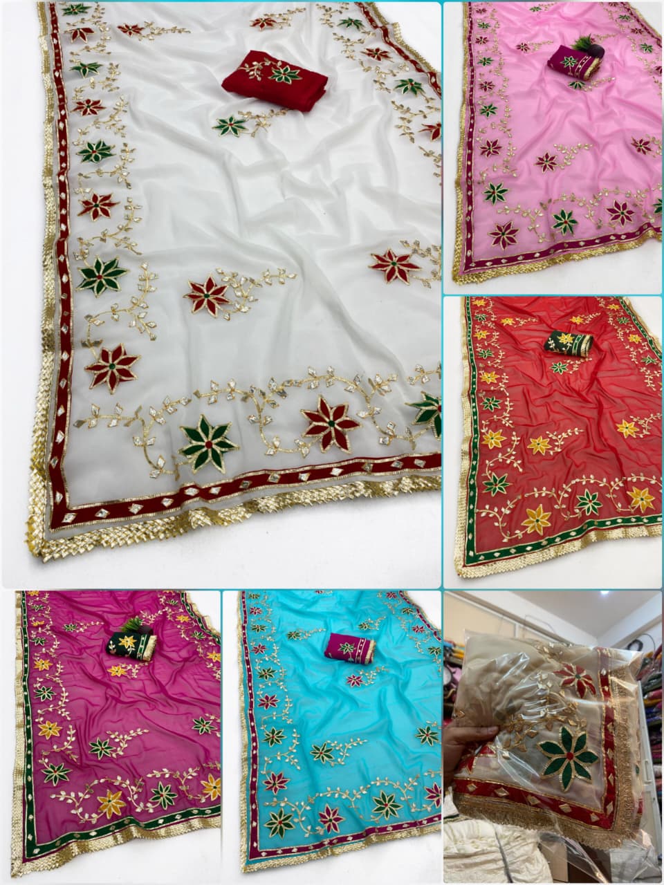Trending Hand Charkhi Gota Patti Work Georgette Saree with Velvet Patch Flower & Contrast Blouse  Premium Party Wear Wedding Saree for Women