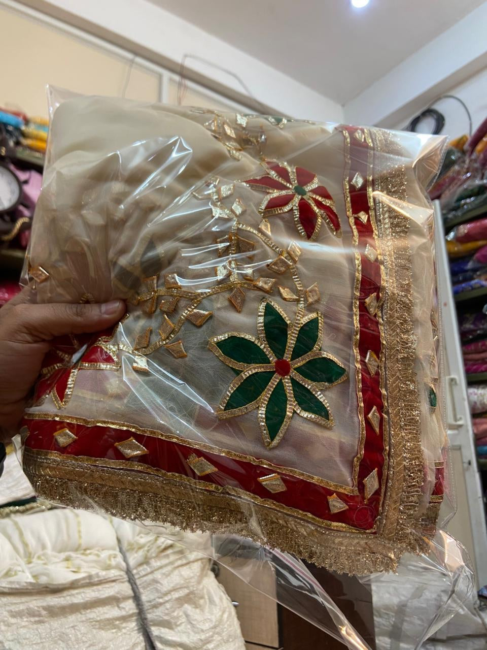 Trending Hand Charkhi Gota Patti Work Georgette Saree with Velvet Patch Flower & Contrast Blouse  Premium Party Wear Wedding Saree for Women