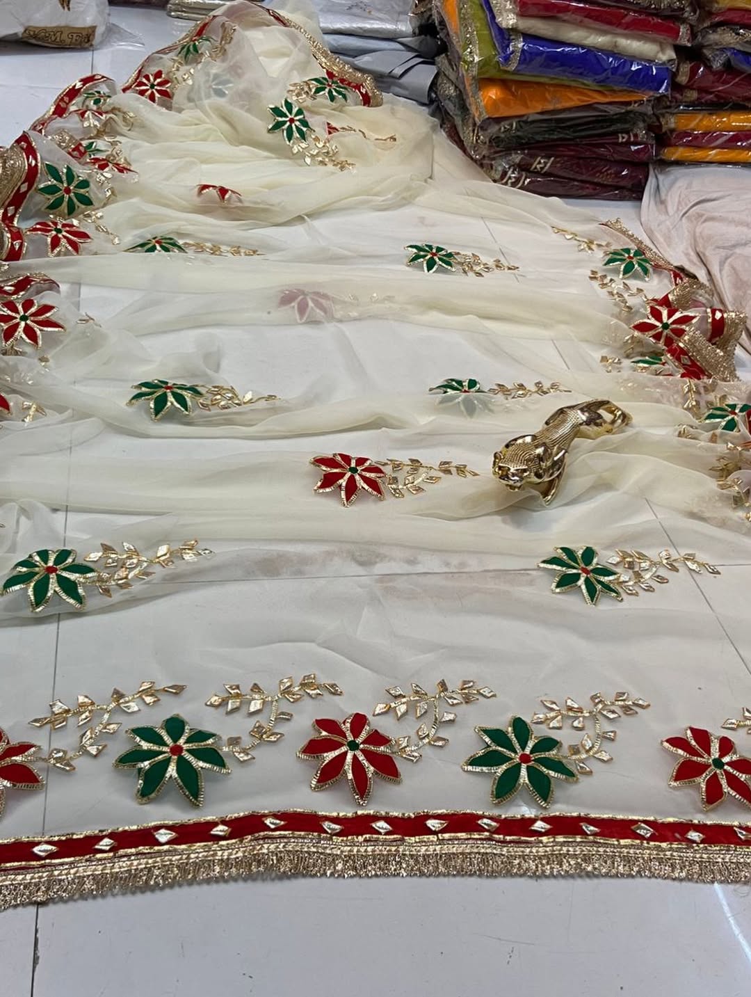 Trending Hand Charkhi Gota Patti Work Georgette Saree with Velvet Patch Flower & Contrast Blouse  Premium Party Wear Wedding Saree for Women
