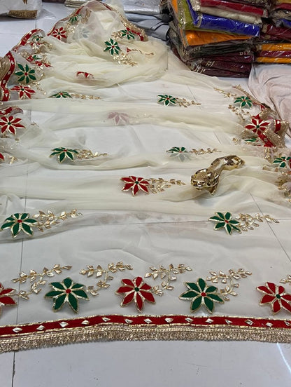 Trending Hand Charkhi Gota Patti Work Georgette Saree with Velvet Patch Flower & Contrast Blouse  Premium Party Wear Wedding Saree for Women
