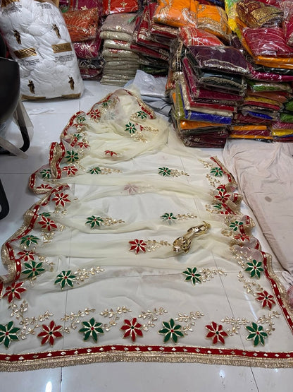 Trending Hand Charkhi Gota Patti Work Georgette Saree with Velvet Patch Flower & Contrast Blouse  Premium Party Wear Wedding Saree for Women