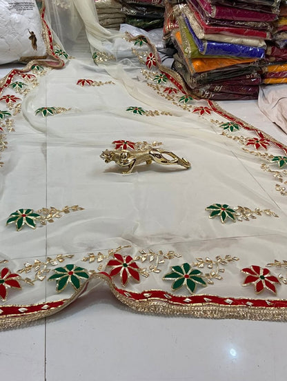 Trending Hand Charkhi Gota Patti Work Georgette Saree with Velvet Patch Flower & Contrast Blouse  Premium Party Wear Wedding Saree for Women