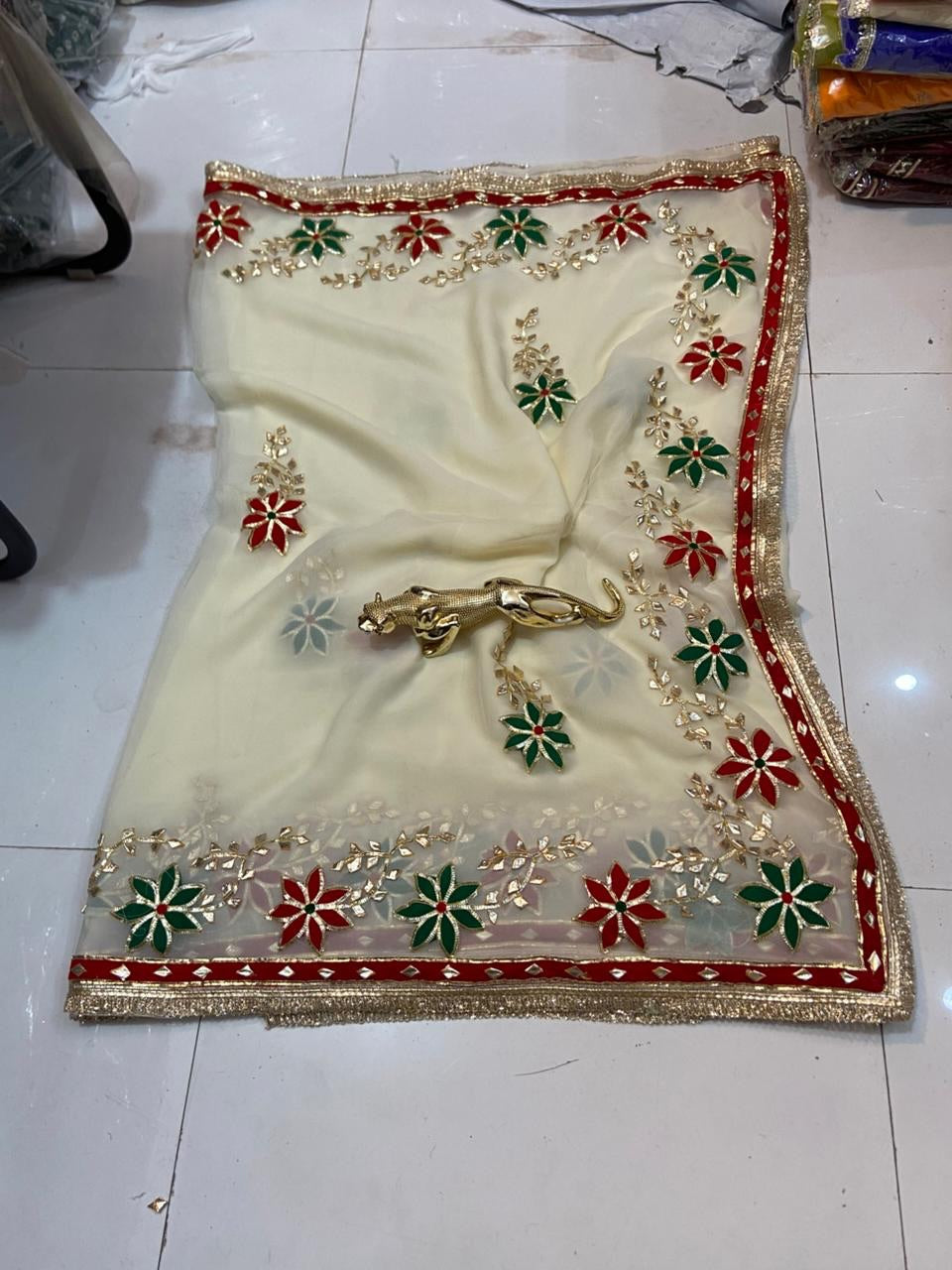 Trending Hand Charkhi Gota Patti Work Georgette Saree with Velvet Patch Flower & Contrast Blouse  Premium Party Wear Wedding Saree for Women