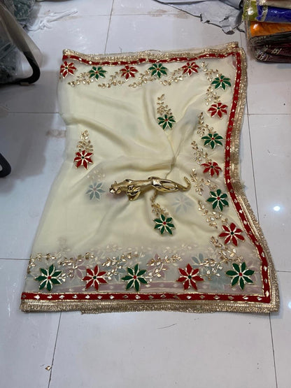 Trending Hand Charkhi Gota Patti Work Georgette Saree with Velvet Patch Flower & Contrast Blouse  Premium Party Wear Wedding Saree for Women
