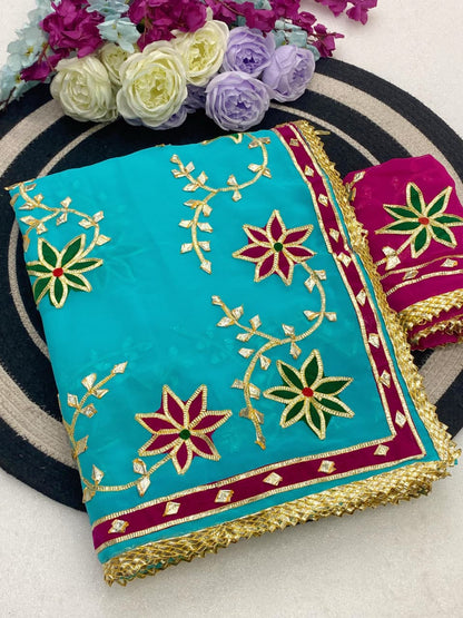 Trending Hand Charkhi Gota Patti Work Georgette Saree with Velvet Patch Flower & Contrast Blouse  Premium Party Wear Wedding Saree for Women