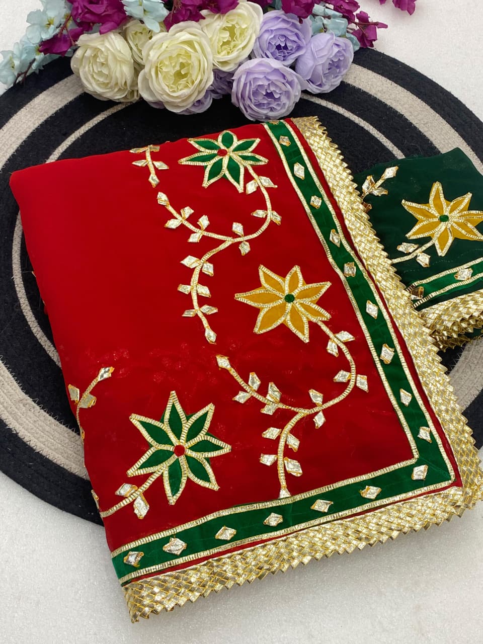 Trending Hand Charkhi Gota Patti Work Georgette Saree with Velvet Patch Flower & Contrast Blouse  Premium Party Wear Wedding Saree for Women