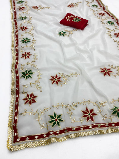 Trending Hand Charkhi Gota Patti Work Georgette Saree with Velvet Patch Flower & Contrast Blouse  Premium Party Wear Wedding Saree for Women