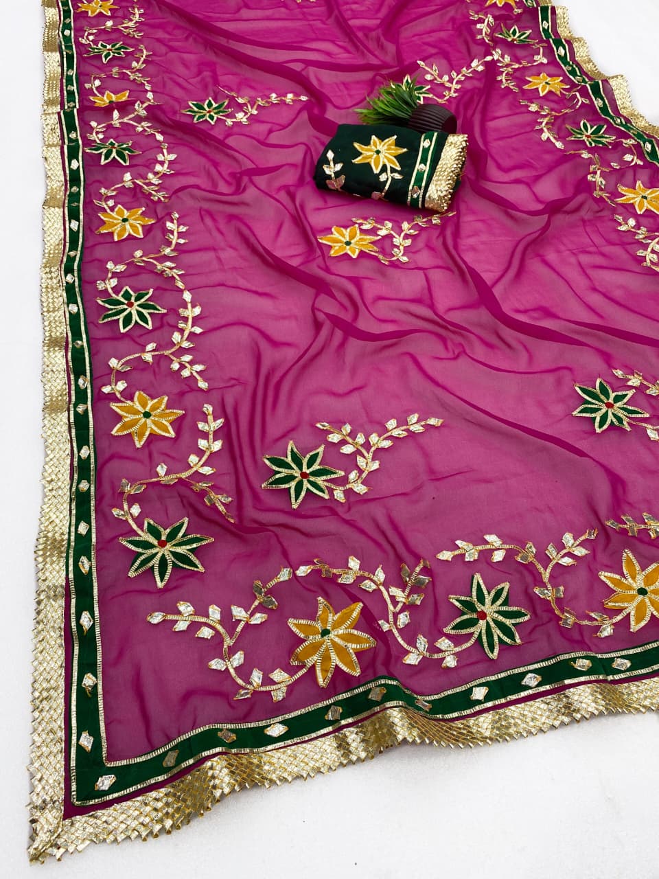 Trending Hand Charkhi Gota Patti Work Georgette Saree with Velvet Patch Flower & Contrast Blouse  Premium Party Wear Wedding Saree for Women