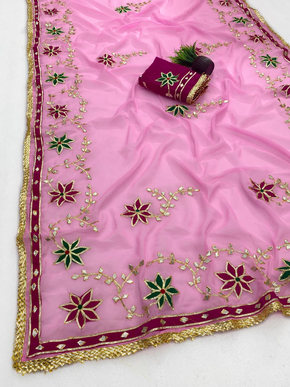 Trending Hand Charkhi Gota Patti Work Georgette Saree with Velvet Patch Flower & Contrast Blouse  Premium Party Wear Wedding Saree for Women