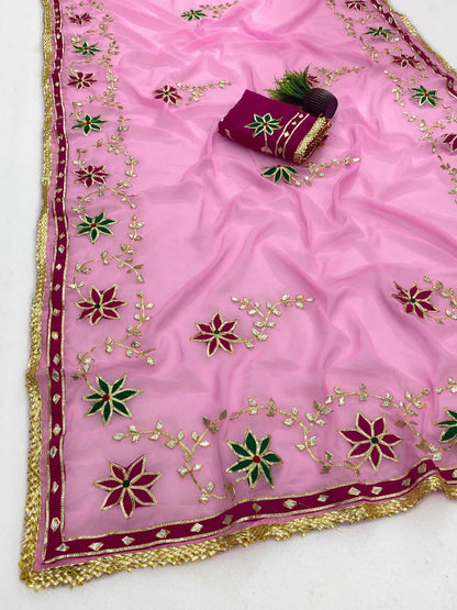 Trending Hand Charkhi Gota Patti Work Georgette Saree with Velvet Patch Flower & Contrast Blouse  Premium Party Wear Wedding Saree for Women