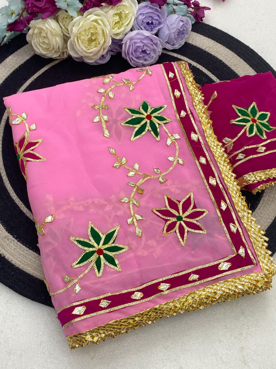 Trending Hand Charkhi Gota Patti Work Georgette Saree with Velvet Patch Flower & Contrast Blouse  Premium Party Wear Wedding Saree for Women