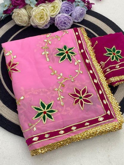 Trending Hand Charkhi Gota Patti Work Georgette Saree with Velvet Patch Flower & Contrast Blouse  Premium Party Wear Wedding Saree for Women