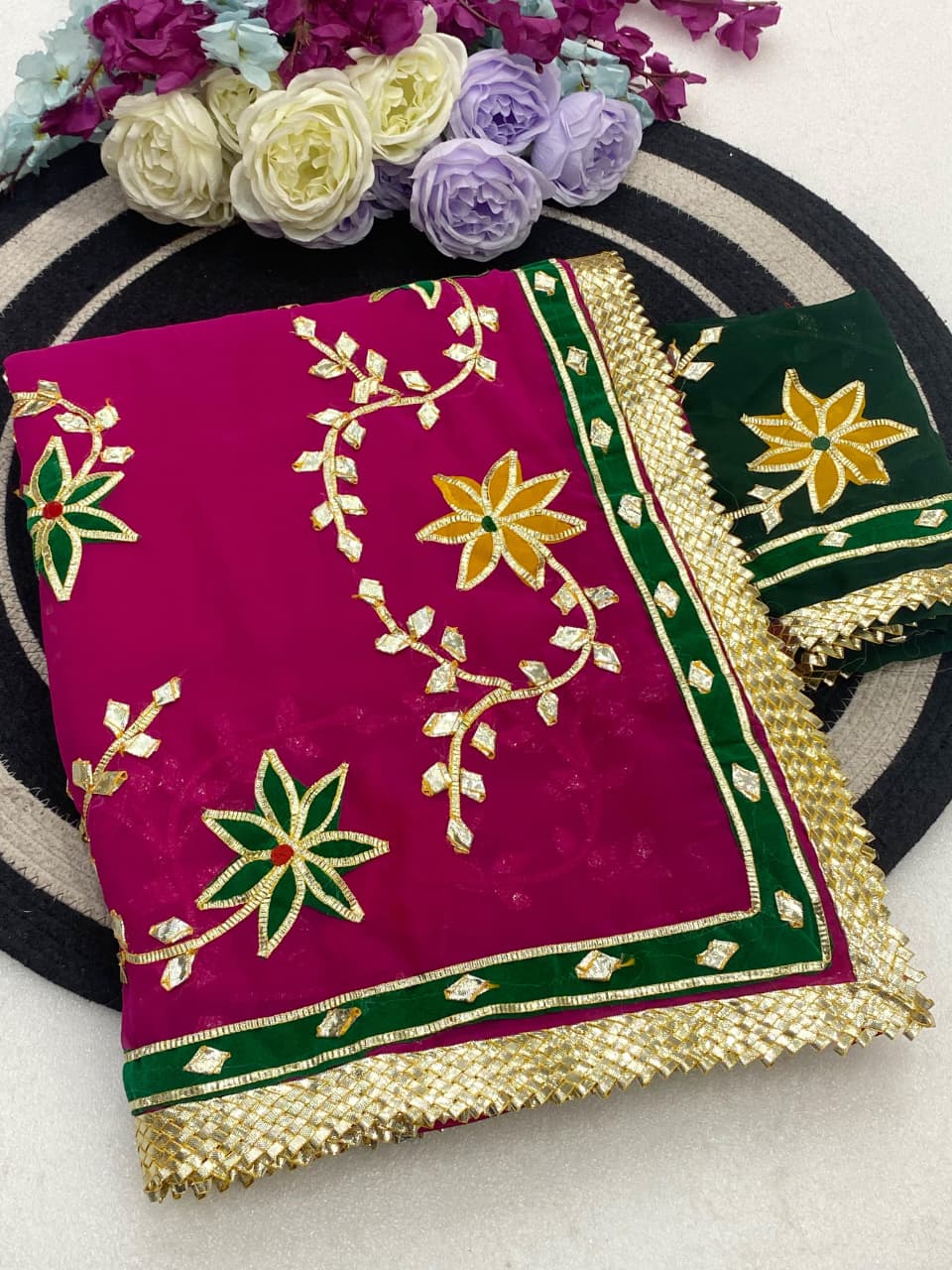 Trending Hand Charkhi Gota Patti Work Georgette Saree with Velvet Patch Flower & Contrast Blouse  Premium Party Wear Wedding Saree for Women