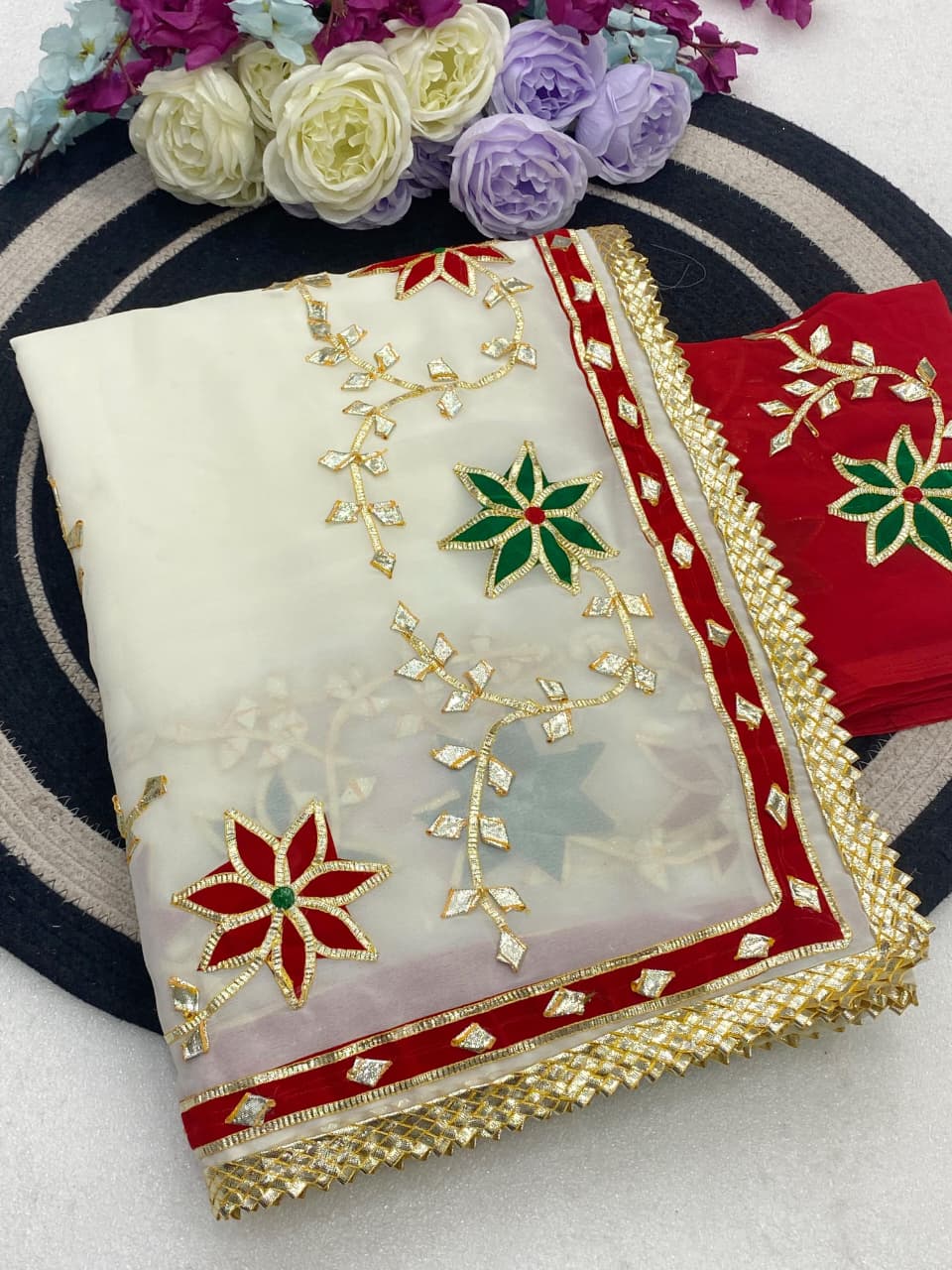 Trending Hand Charkhi Gota Patti Work Georgette Saree with Velvet Patch Flower & Contrast Blouse  Premium Party Wear Wedding Saree for Women