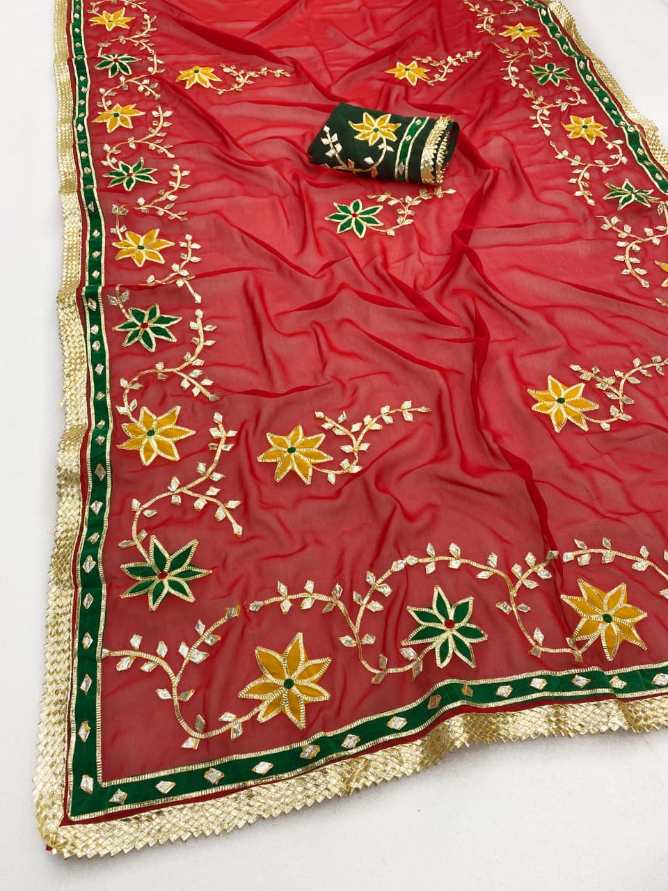 Trending Hand Charkhi Gota Patti Work Georgette Saree with Velvet Patch Flower & Contrast Blouse  Premium Party Wear Wedding Saree for Women