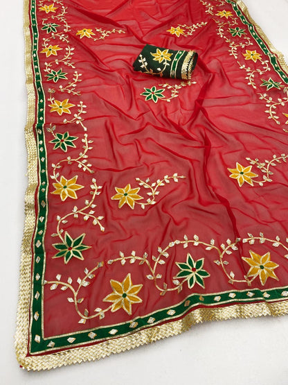 Trending Hand Charkhi Gota Patti Work Georgette Saree with Velvet Patch Flower & Contrast Blouse  Premium Party Wear Wedding Saree for Women