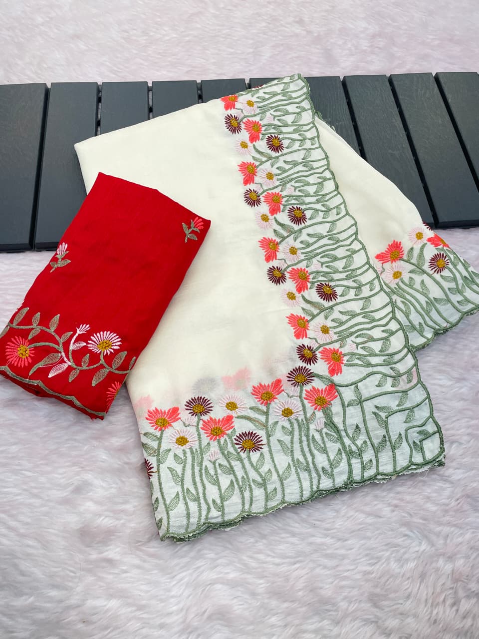 Pure Soft Vichitra Silk Saree – Elegant Embroidery & Premium Finish