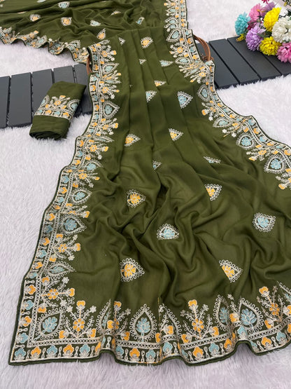 Pure Soft Star Georgette Silk Saree with Sequin Thread Embroidery & Piping Border | LF-864