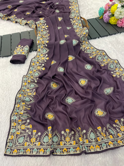 Pure Soft Star Georgette Silk Saree with Sequin Thread Embroidery & Piping Border | LF-864