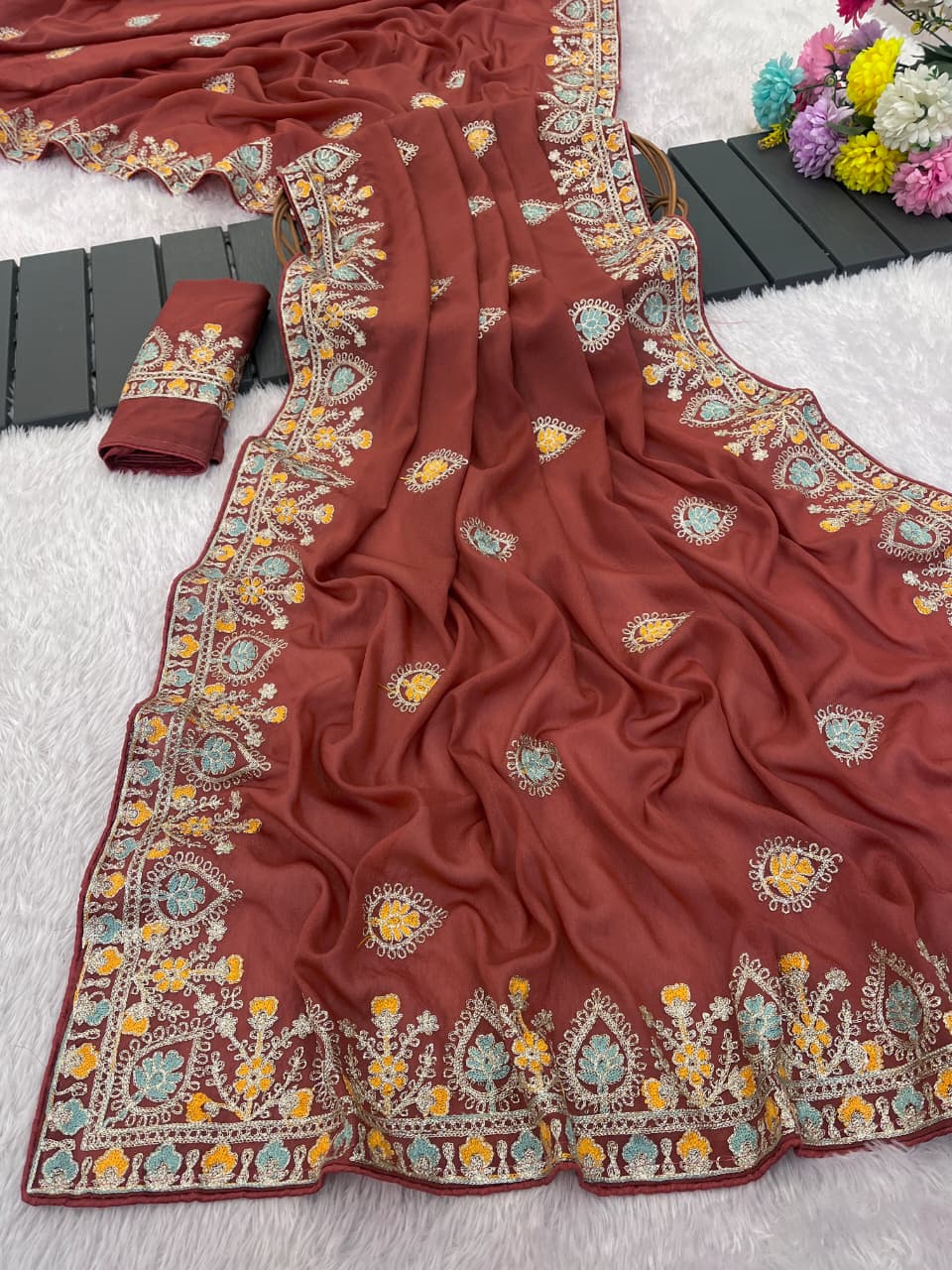 Pure Soft Star Georgette Silk Saree with Sequin Thread Embroidery & Piping Border | LF-864