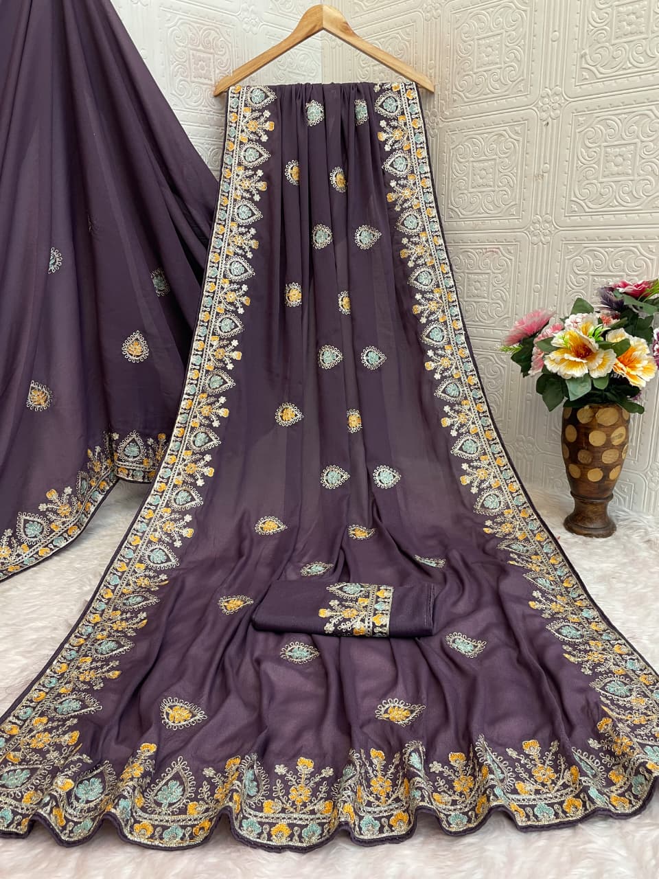Pure Soft Star Georgette Silk Saree with Sequin Thread Embroidery & Piping Border | LF-864