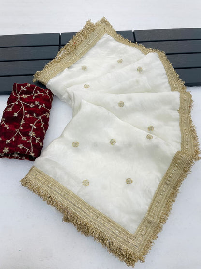 Fendy Satin Silk Saree with 3mm Sequin Embroidery & Ready-Made Lace Border | LF-881
