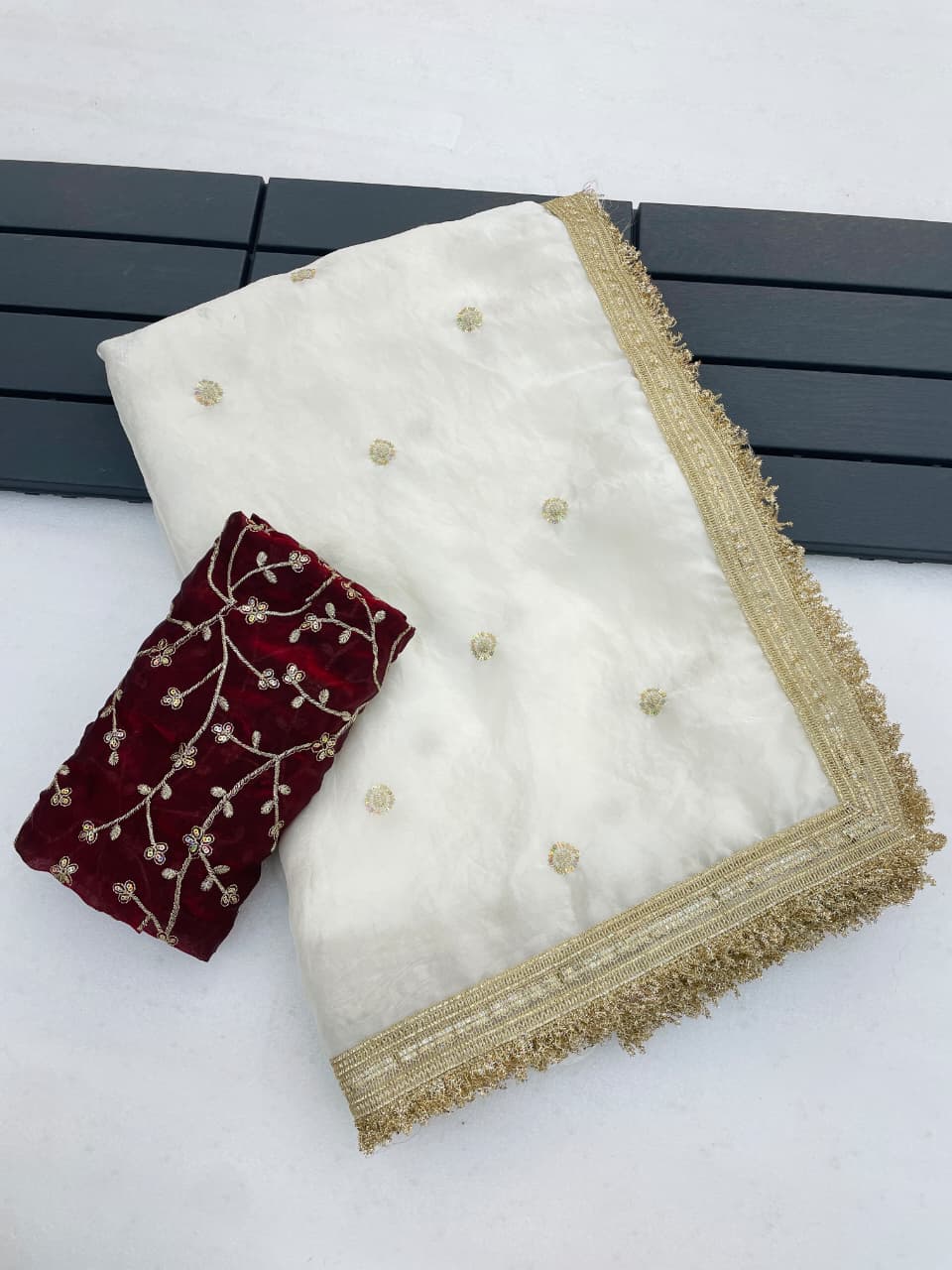 Fendy Satin Silk Saree with 3mm Sequin Embroidery & Ready-Made Lace Border | LF-881