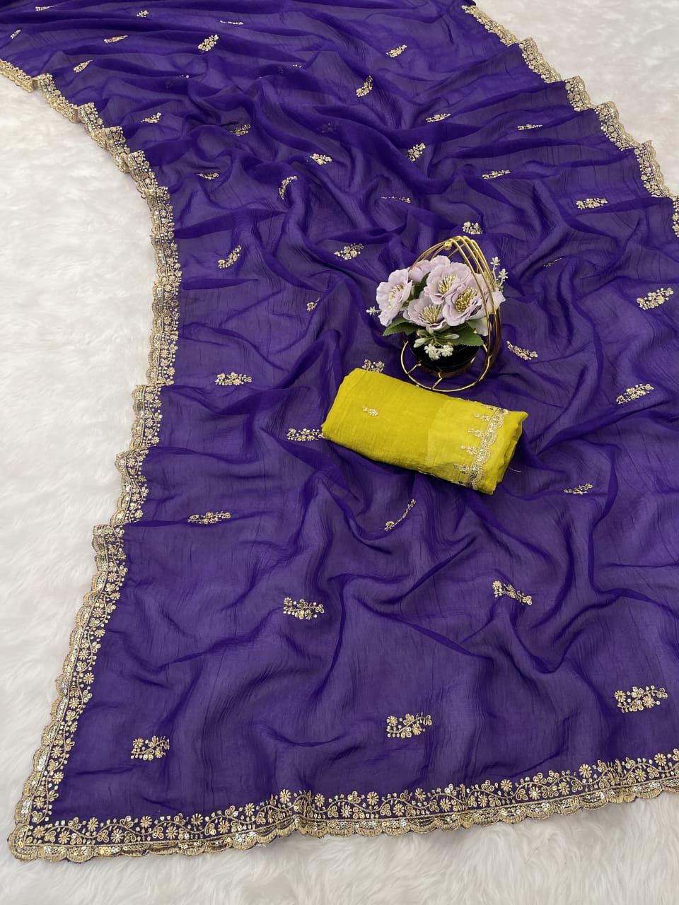 Soft Crunchy Crush Silk Saree with Sequin Thread Embroidery & Butti Blouse | LF-828
