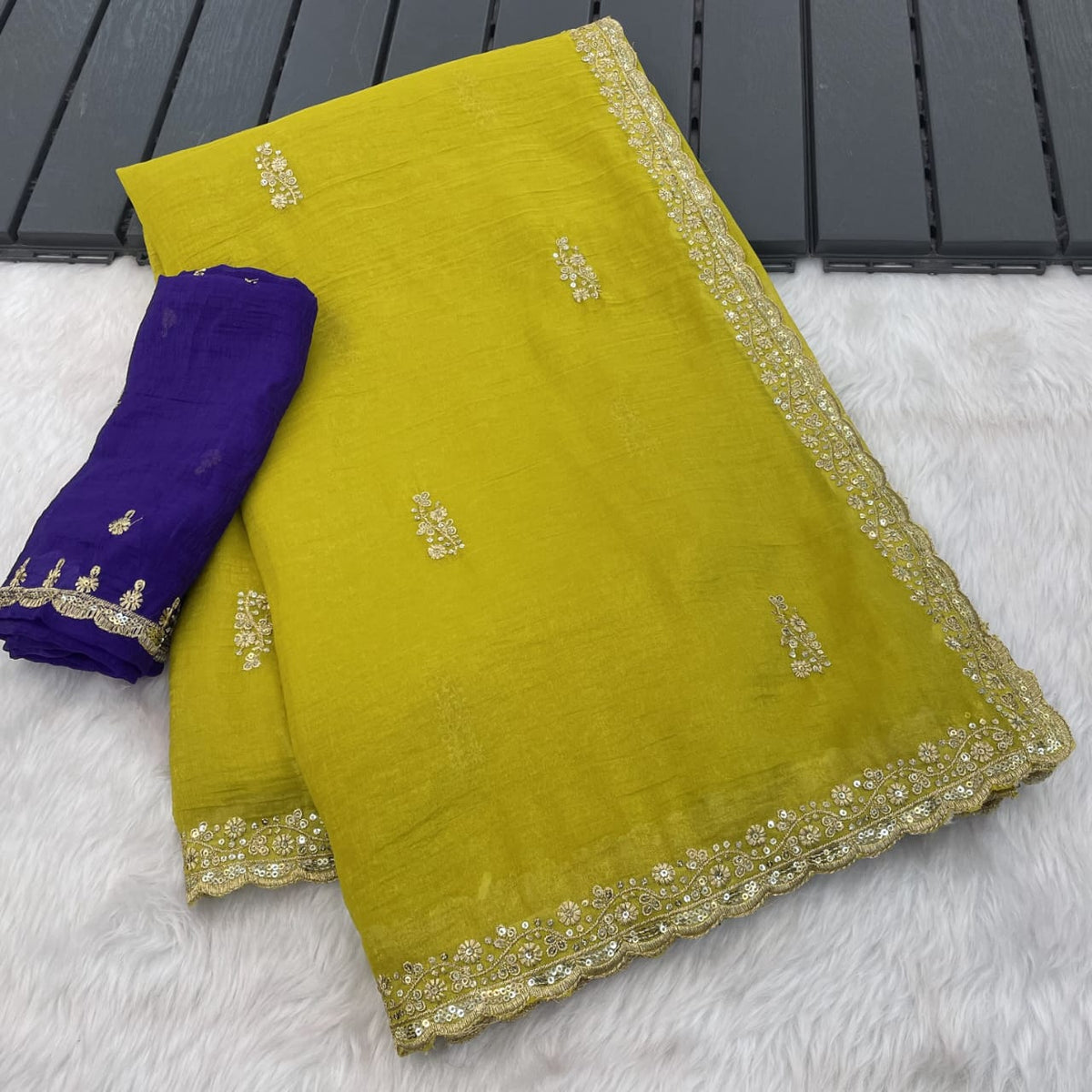 Soft Crunchy Crush Silk Saree with Sequin Thread Embroidery & Butti Blouse | LF-828