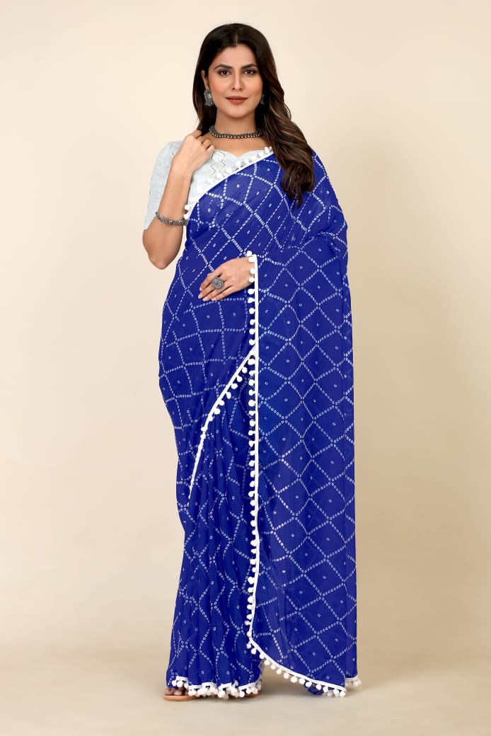 GEORGETTE PRINT  SAREE WITH WHITE PUMPUM LESS BORDER