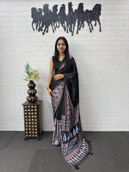 Japan Satin Silk Saree with Heavy Mirror Work | Premium Party Wear Saree
