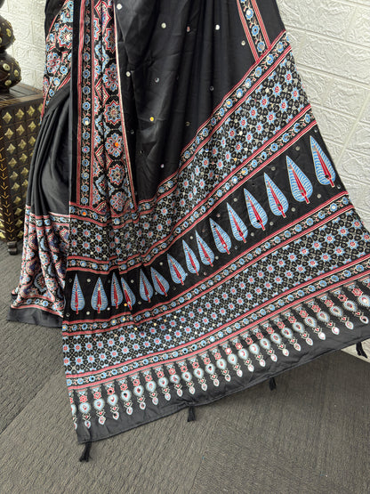 Japan Satin Silk Saree with Heavy Mirror Work | Premium Party Wear Saree