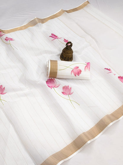 Linen Saree with Gold Jari Border & Digital Print | Elegant Traditional Wear Saree