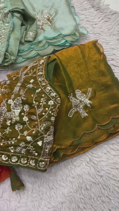 Bollywood Trending Fandy Satin Saree with Khatli & Beads Work Border | Ready-to-Wear Stitched Blouse | Party Wear Designer Saree